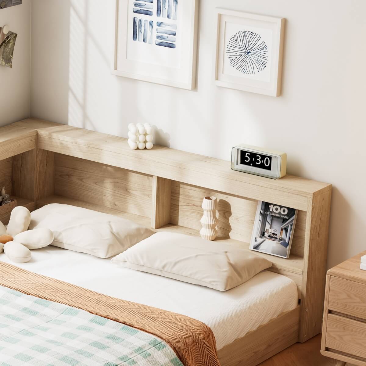 4FT6 Double Storage Bed - White Oak Bed Frame with Ample Storage