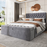 Upholstered Double Bed (4ft6) with Hydraulic Lever, Storage, and Upholstered Bench, Linen Grey