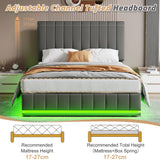 Ottoman King Bed with LED Lighting, Hydraulic Storage, and Adjustable Channel Tufted Headboard, Grey PU Leather