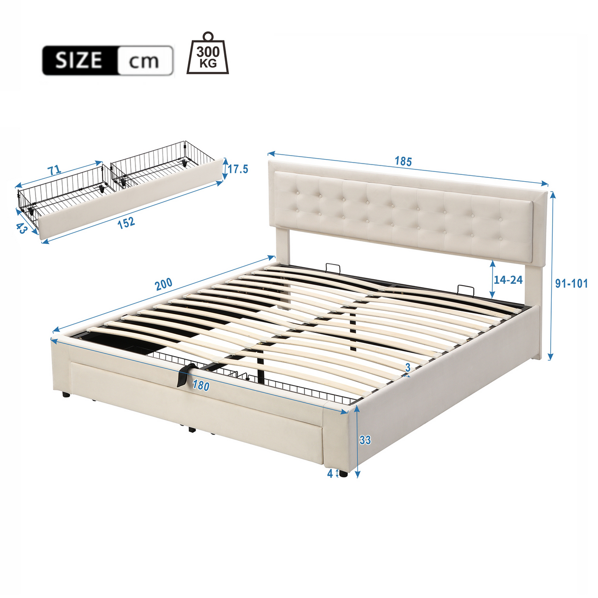 Upholstered Bed, Super King Size 6ft (180x200cm) with Storage, Slats and Headboard, Cream Velvet