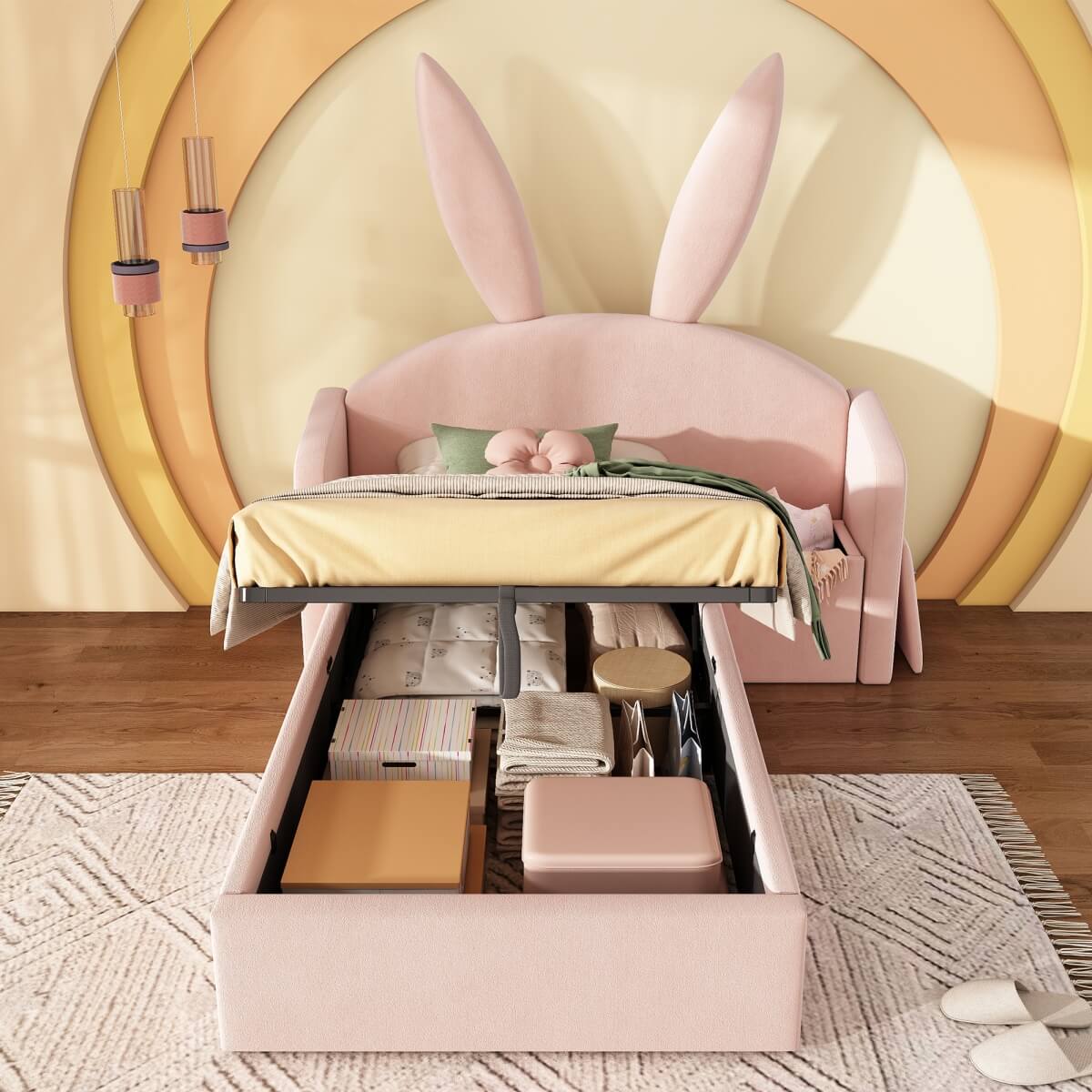 3ft Bunny Ears Kids Storage Bed with Hydraulic Lift & Bedside Shelf - Upholstered Single Bed, Rose