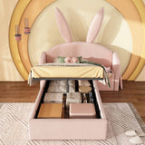 3ft Bunny Ears Kids Storage Bed with Hydraulic Lift & Bedside Shelf - Upholstered Single Bed, Rose