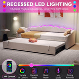 3ft Velvet Daybed with Trundle - Upholstered Sofa Bed with RGB LED Lights, Beige