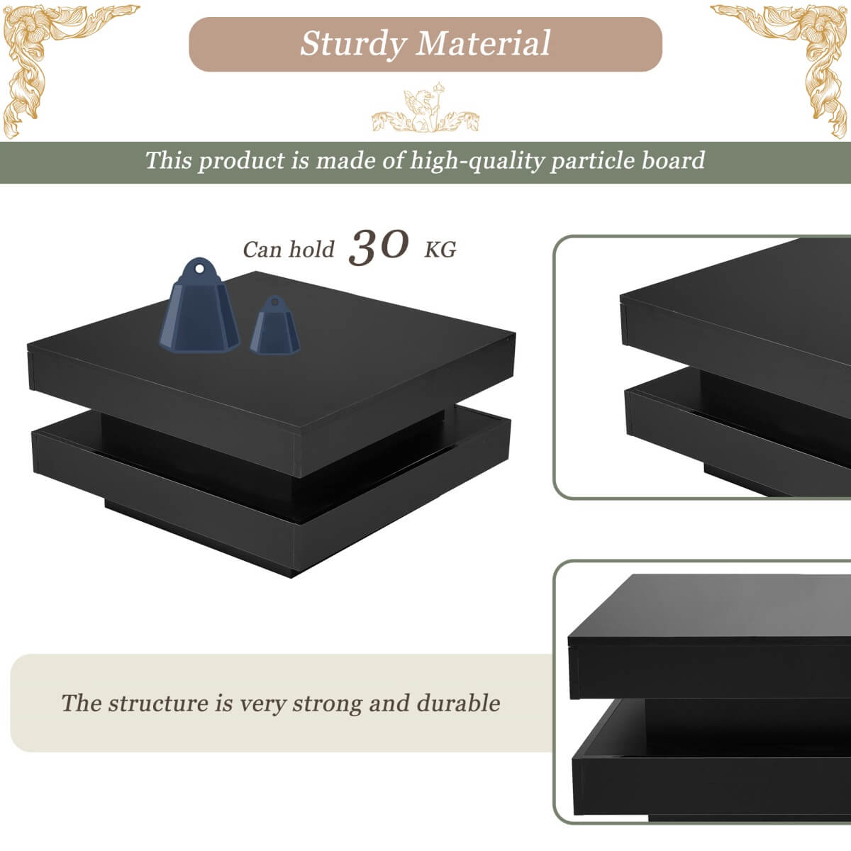 Black High Gloss Coffee Table with 360¡ã Rotating Top & LED