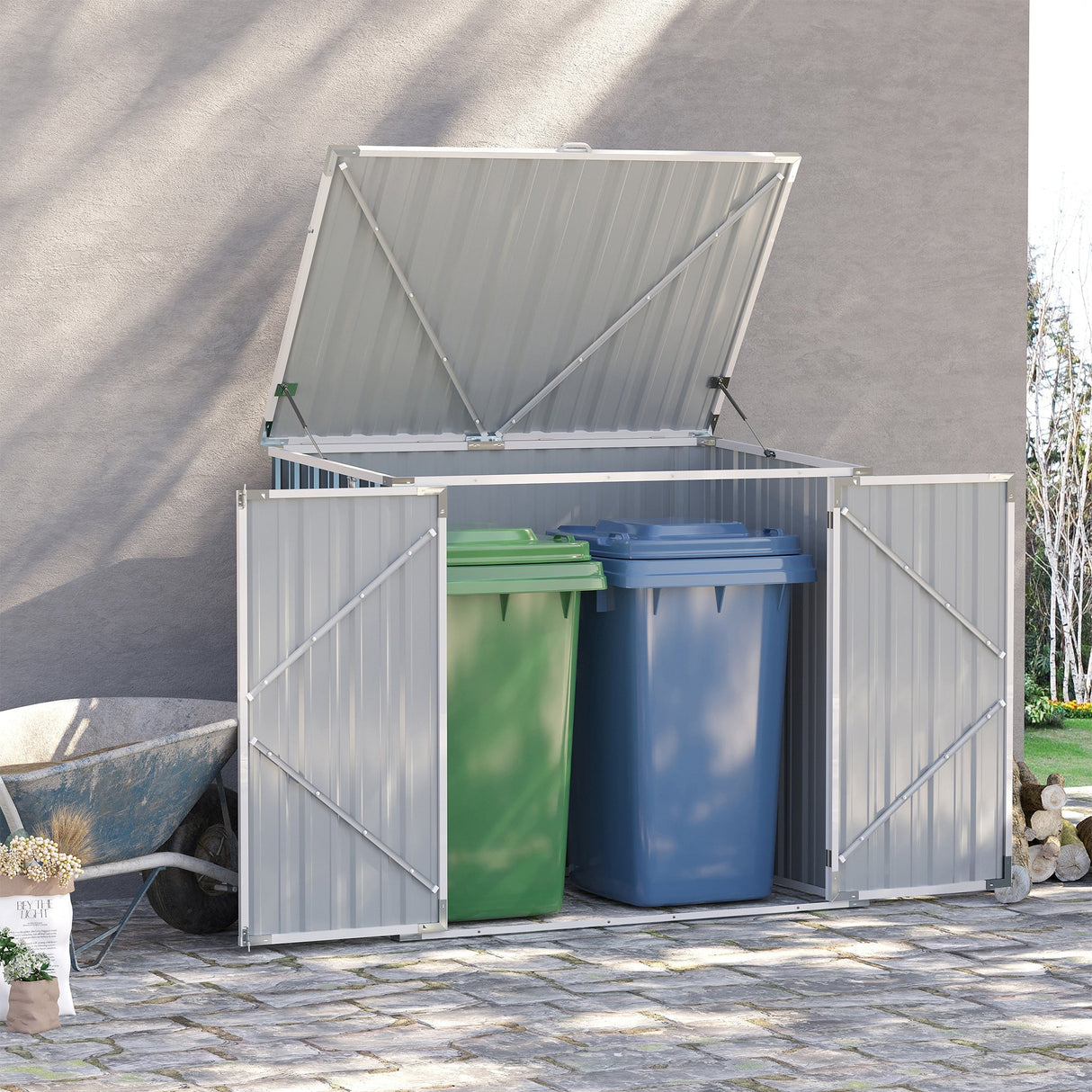 Garden 2-Bin Storage Shed, Double Rubbish Hide Dustbin, Steel
