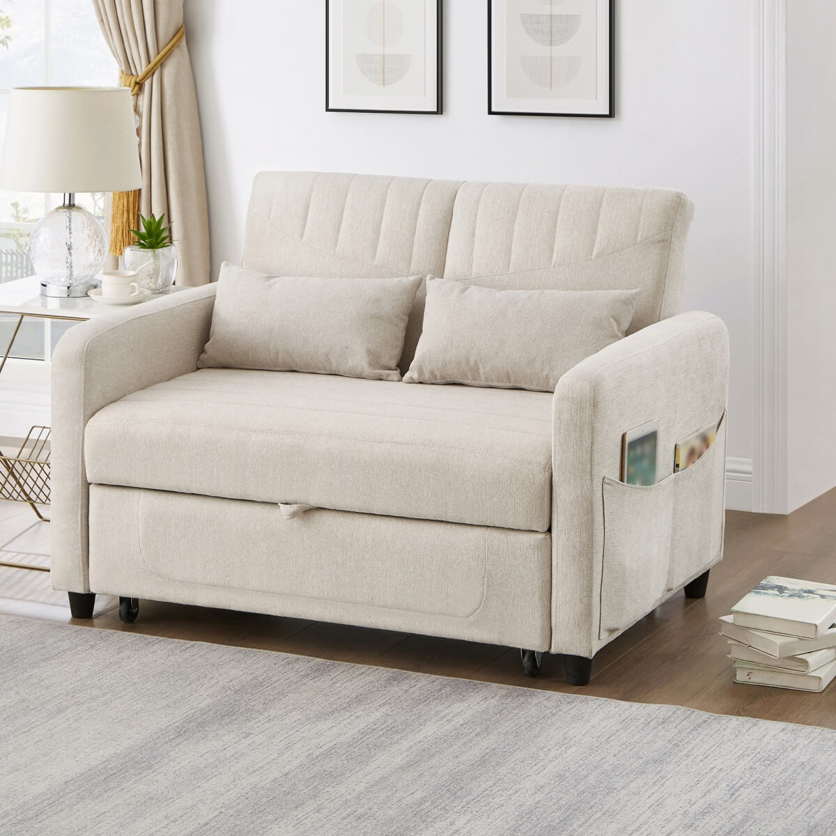 2 Seater Pull-Out Sofa Bed with Sleeping Function - Convertible Linen Sleeper Sofa, Adjustable Backrest, Beige
