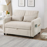 2 Seater Pull-Out Sofa Bed with Sleeping Function - Convertible Linen Sleeper Sofa, Adjustable Backrest, Beige