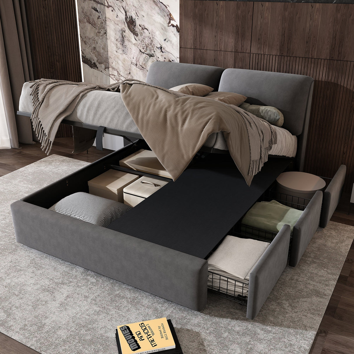 Upholstered Bed, Double 4ft6 (135x190cm) Hydraulic with Three Drawers, Storage Box & Slatted Frame, Velvet Grey