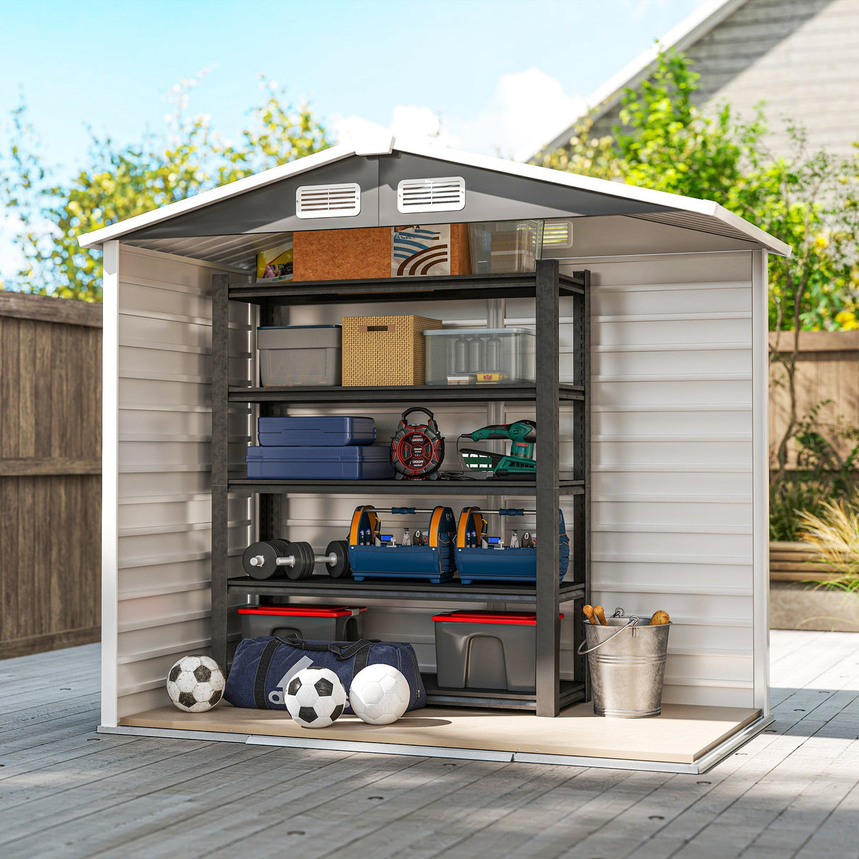 Garden Shed 7x4ft, Easy Assemble, Galvanised Steel Frame, Double Doors, Dark Grey