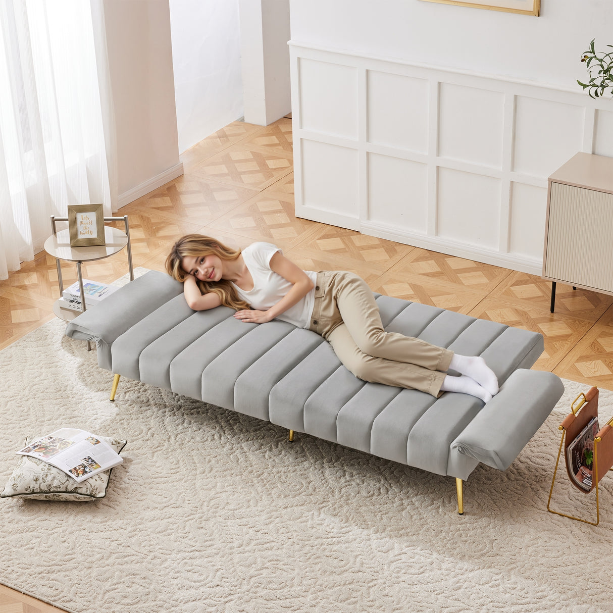 Modern Adjustable Velvet Sofa Bed with MultiPosition Backrest & Armrests, Metal Legs, Convertible Sleeper Function, Ideal for Living Room, Bedroom, Home Theater & Guest Room, Grey, Video Included