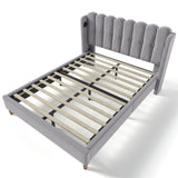 4ft6 Double Upholstered Bed with USB Charging - Grey Linen Bed Frame