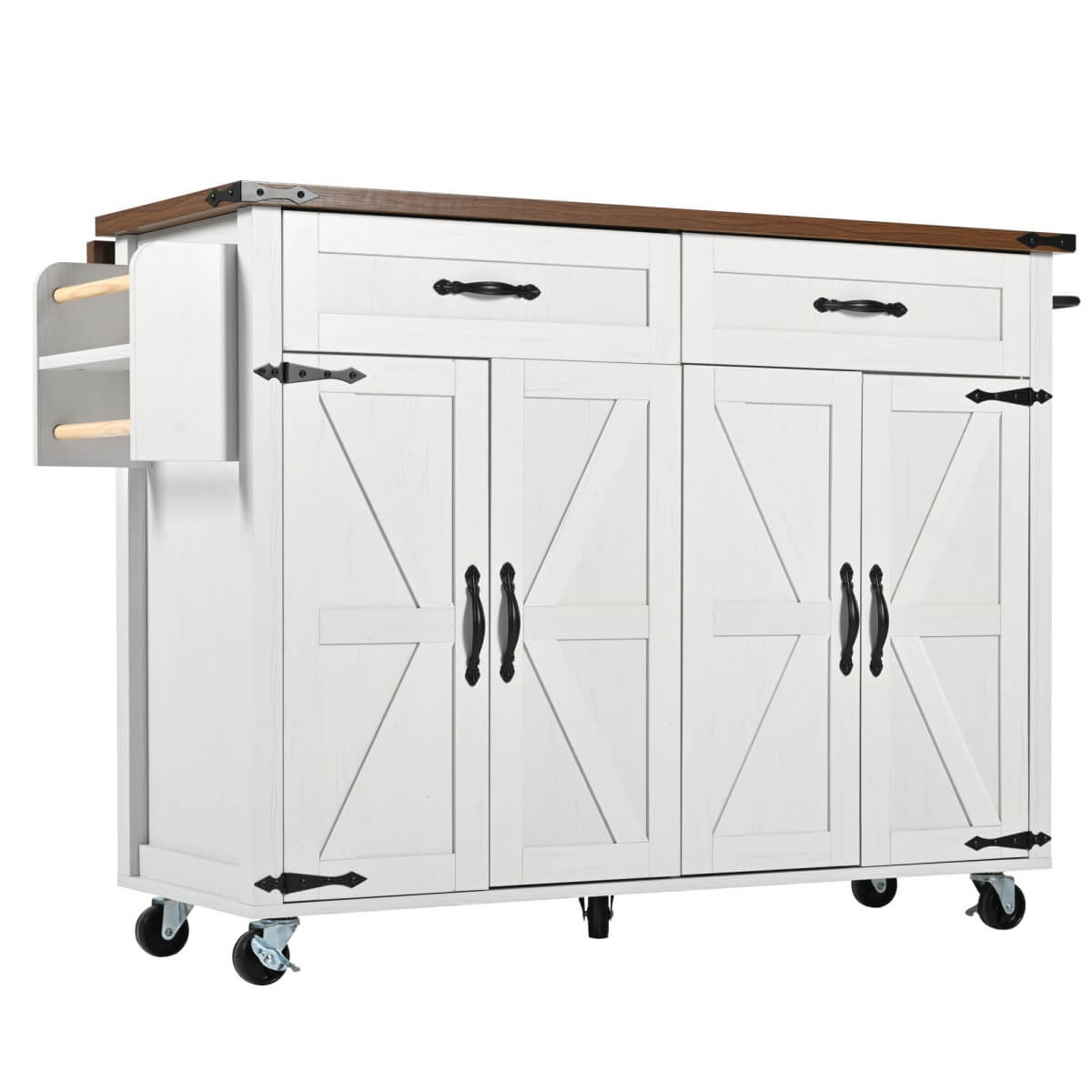 Farmhouse Kitchen Island Trolley - Rolling Storage Cabinet with Drawers, Adjustable Shelf & Spice Rack, White