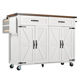 Farmhouse Kitchen Island Trolley - Rolling Storage Cabinet with Drawers, Adjustable Shelf & Spice Rack, White