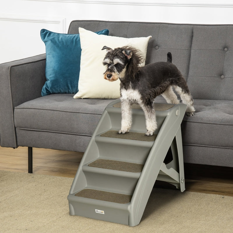 Foldable Four-Step Pet Stairs, Non-Slip Mats - Grey