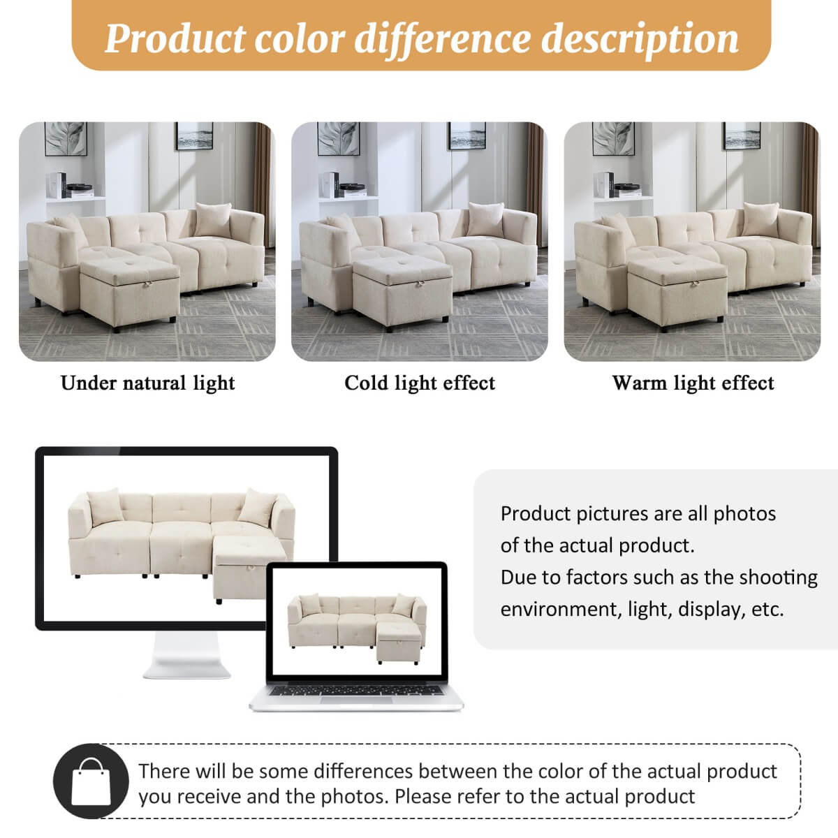 L-Shaped Corner Sofa - 80" Fabric Sectional Sofa with Removable Storage Ottoman & 2 Cushions, Beige