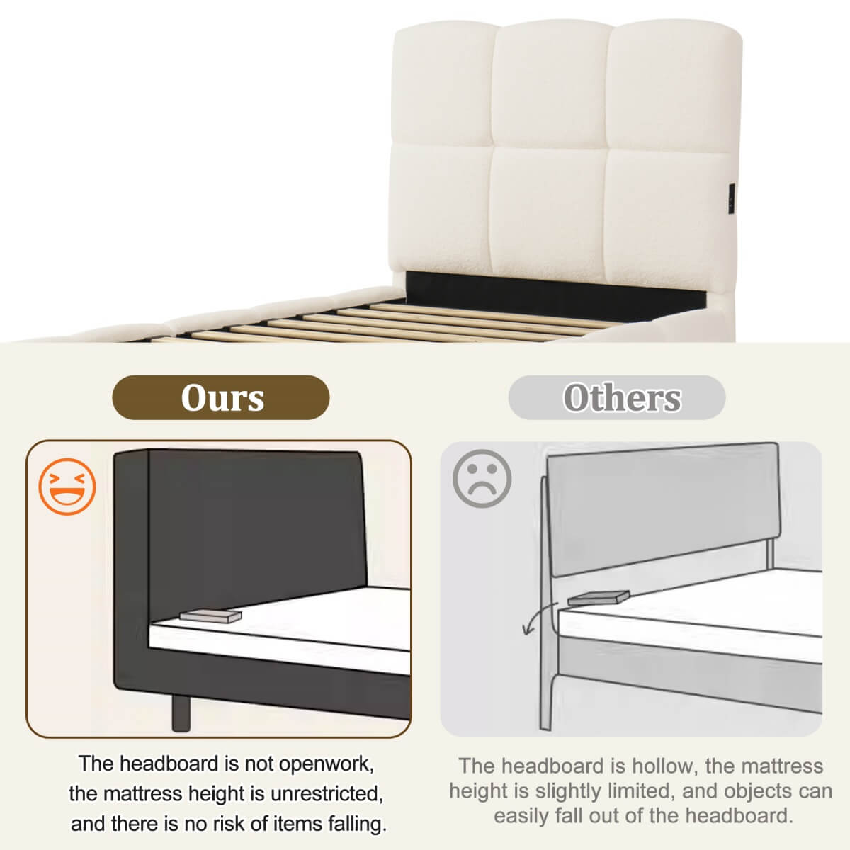 3ft Bouclé Upholstered Storage Bed - Single Hydraulic Bed with Headboard, Beige