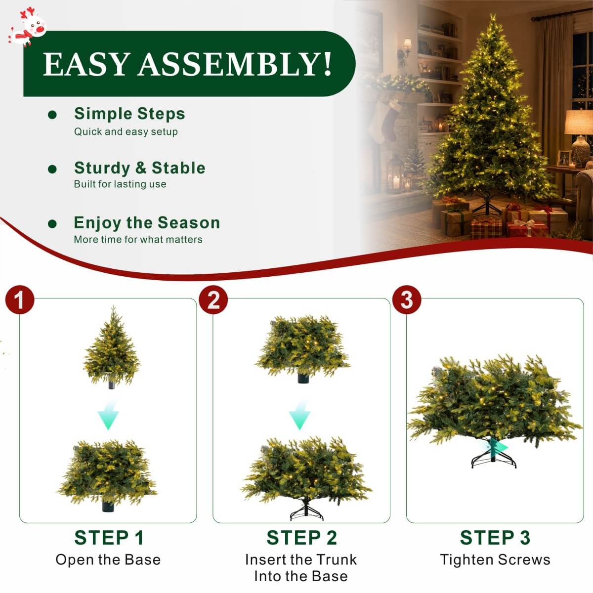 Realistic Full Green Artificial Christmas Tree - PVC & PE Mixed-Foliage Xmas Tree with Pre-Lit Warm White LED Lights, Easy Setup, 6ft/7ft/8ft