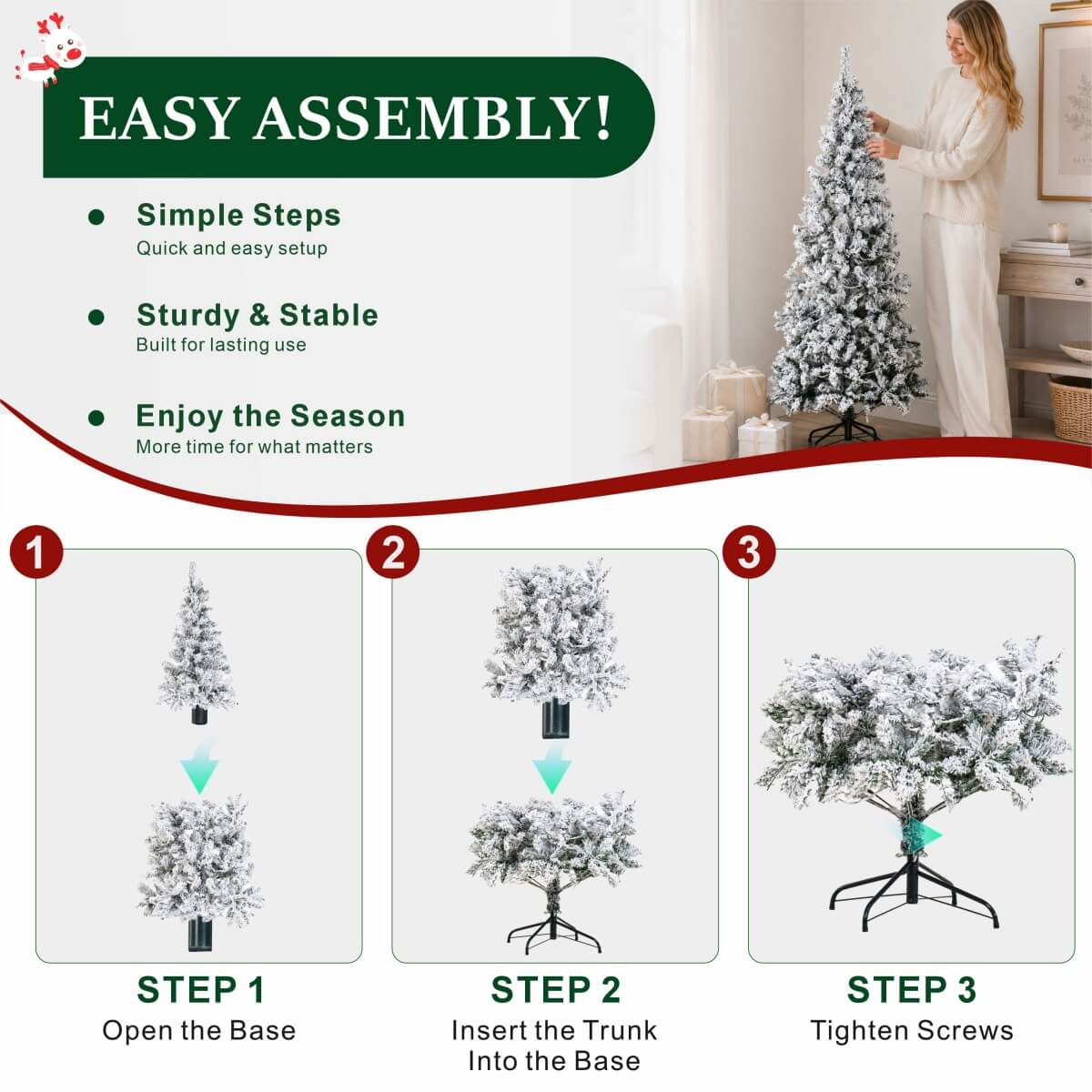 Snow-Flocked Green Artificial Christmas Tree - Realistic Full PVC Xmas Tree with Faux Snow Effect for Indoor Christmas Decoration, 5ft/6ft/7ft