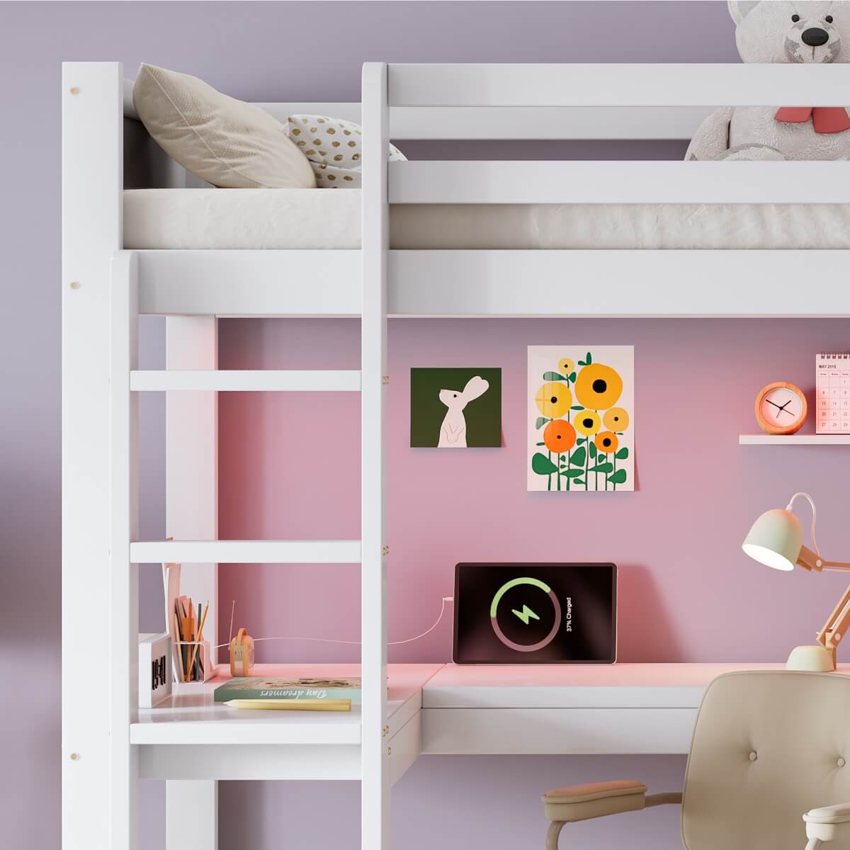 3ft Single Wooden Loft Bed - Bunk Bed with LED Lights, Charging Ports, Storage Shelves, Desk & 5-Step Ladder, White