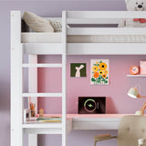 3ft Single Wooden Loft Bed - Bunk Bed with LED Lights, Charging Ports, Storage Shelves, Desk & 5-Step Ladder, White