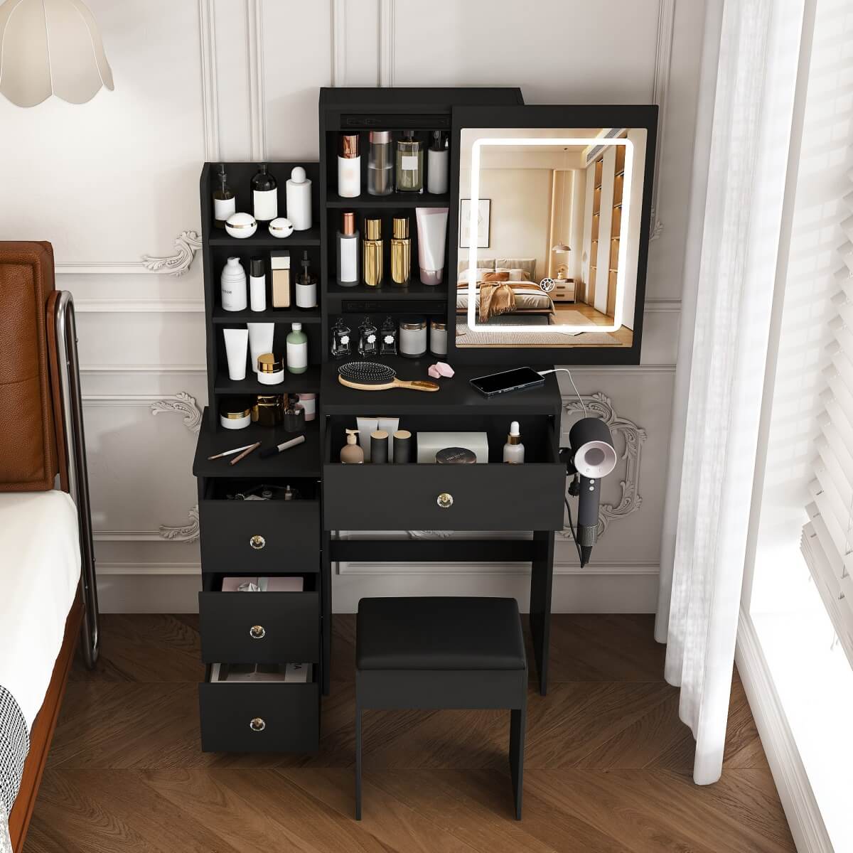 Modern Black Vanity Desk with 3-Mode LED Lighting - Dressing Table with 4 Drawers, Open Storage Shelves, Hair Dryer Holder, Power Socket & Chair