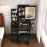 Modern Black Vanity Desk with 3-Mode LED Lighting - Dressing Table with 4 Drawers, Open Storage Shelves, Hair Dryer Holder, Power Socket & Chair