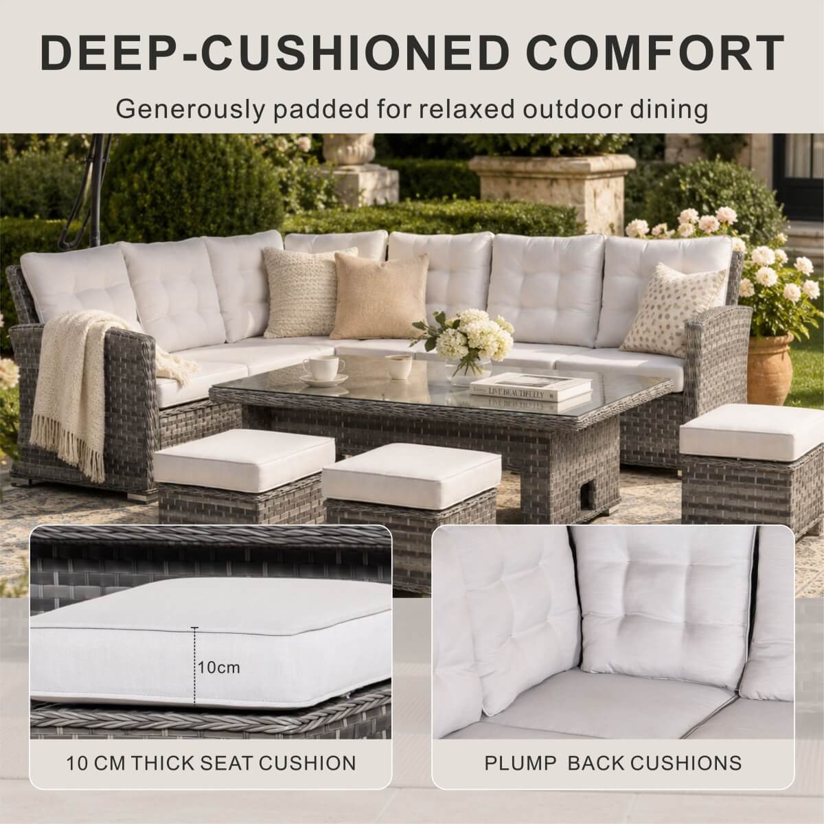 9-Seater Outdoor Corner Sofa Set - Garden Rattan Corner Sofa with Rectangular Lift-Top Table & Footstools