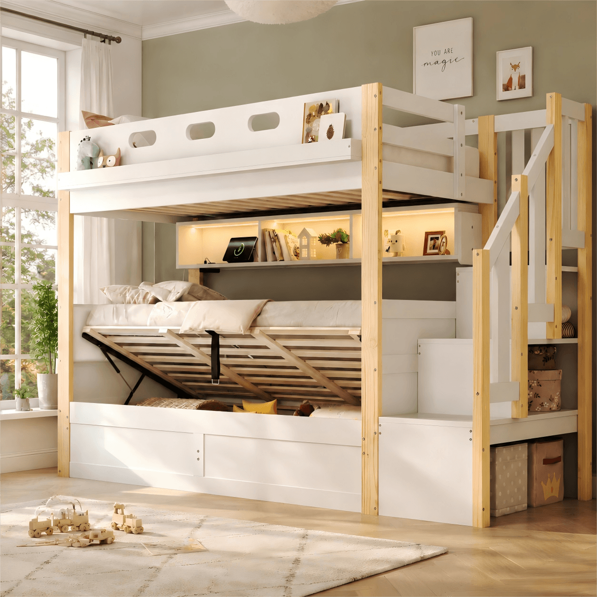 3ft Single Wooden Bunk Bed with Hydraulic Lower Bed - Solid Wood Kids Bed with Storage Stairs, LED Lights and USB Charging, White and Natural