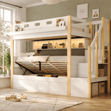 3ft Single Wooden Bunk Bed with Hydraulic Lower Bed - Solid Wood Kids Bed with Storage Stairs, LED Lights and USB Charging, White and Natural