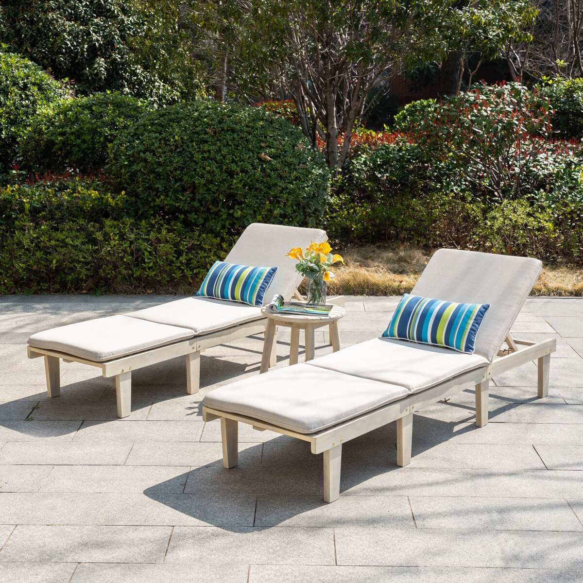 Outdoor Solid Wood Sun Lounger Set - 2 Adjustable Backrest Loungers with Round Side Table