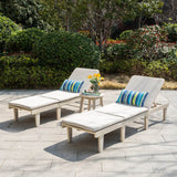 Outdoor Solid Wood Sun Lounger Set - 2 Adjustable Backrest Loungers with Round Side Table