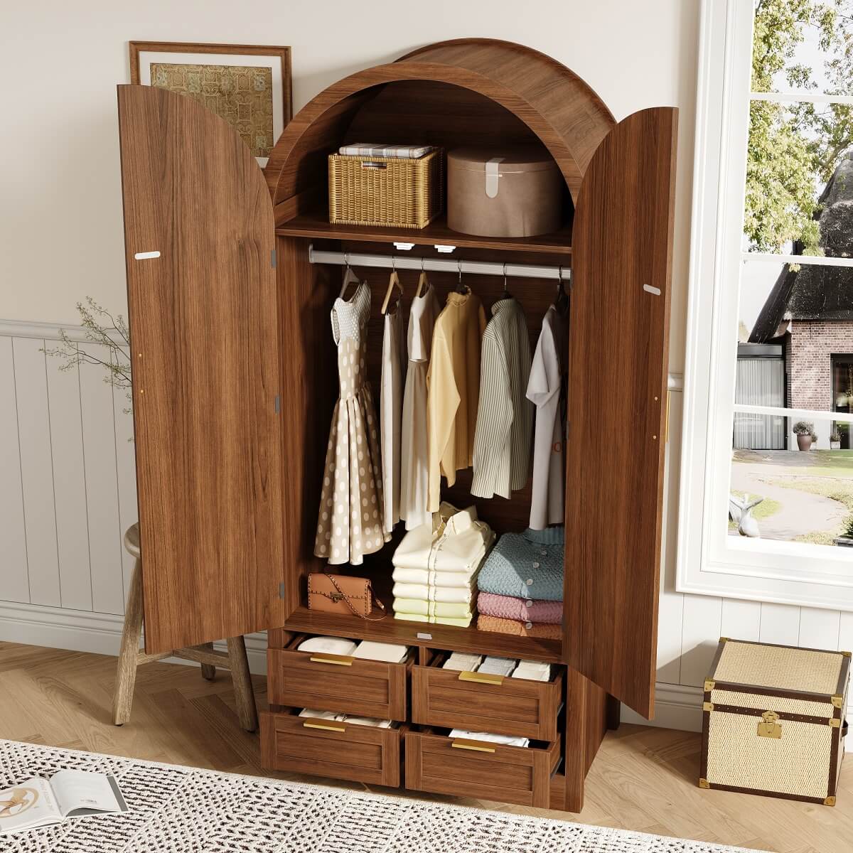 Modern Wardrobe with Curved Doors - Bedroom Storage Cabinet with Hanging Rail and Drawers, Walnut