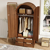 Modern Wardrobe with Curved Doors - Bedroom Storage Cabinet with Hanging Rail and Drawers, Walnut