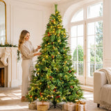 Realistic Full Green Artificial Christmas Tree with Pine Cones & Red Berries - Pre-Lit Warm White LED Lights, PVC Xmas Tree, 6.5ft/7.5ft/8.5ft