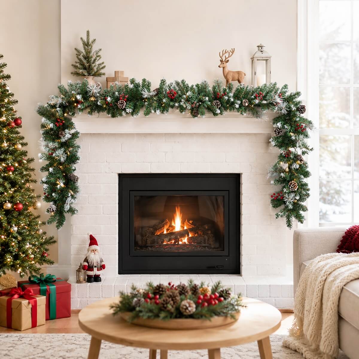 Realistic PVC Christmas Garland - Lush Foliage with Pine Cones, Red Berries & Pre-Lit LED Lights