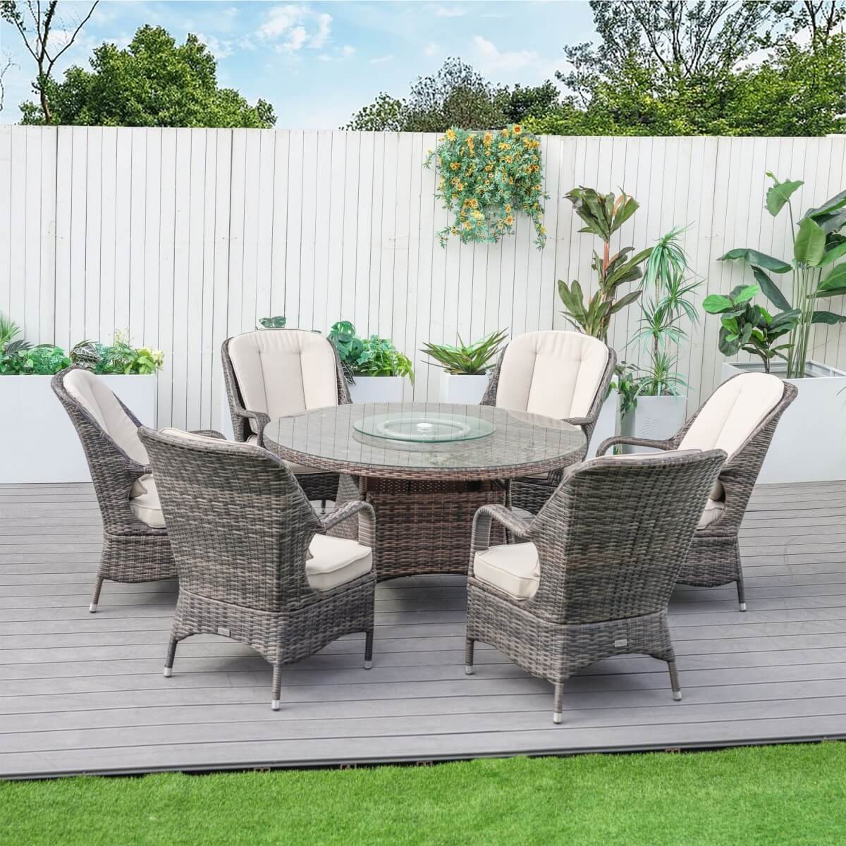 6 Seater Outdoor Rattan Dining Set - Round Table with Tempered Glass Top, Lazy Susan & Parasol Hole