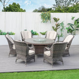 6 Seater Outdoor Rattan Dining Set - Round Table with Tempered Glass Top, Lazy Susan & Parasol Hole