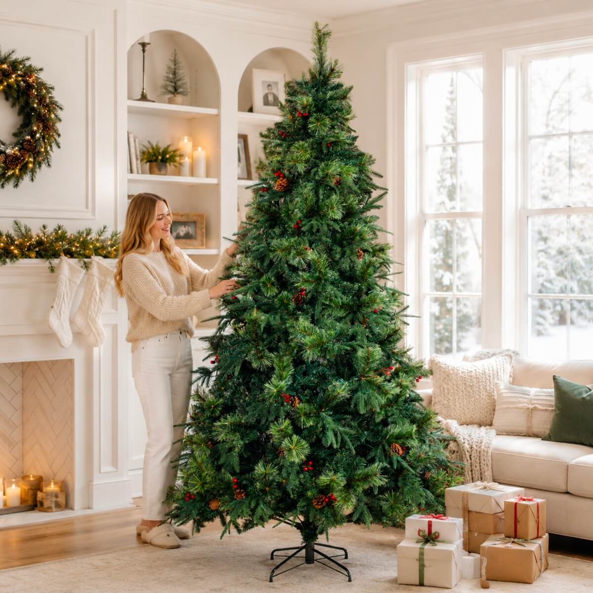Realistic Full Green Artificial Christmas Tree with Pine Cones & Red Berries - PVC Xmas Tree for Easy Setup, 6.5ft/7.5ft/8.5ft