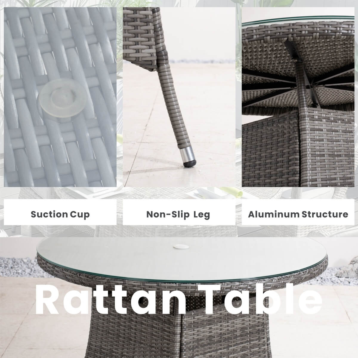 4 Seater Outdoor Rattan Dining Set - Round Garden Table with Tempered Glass Top & Parasol Hole
