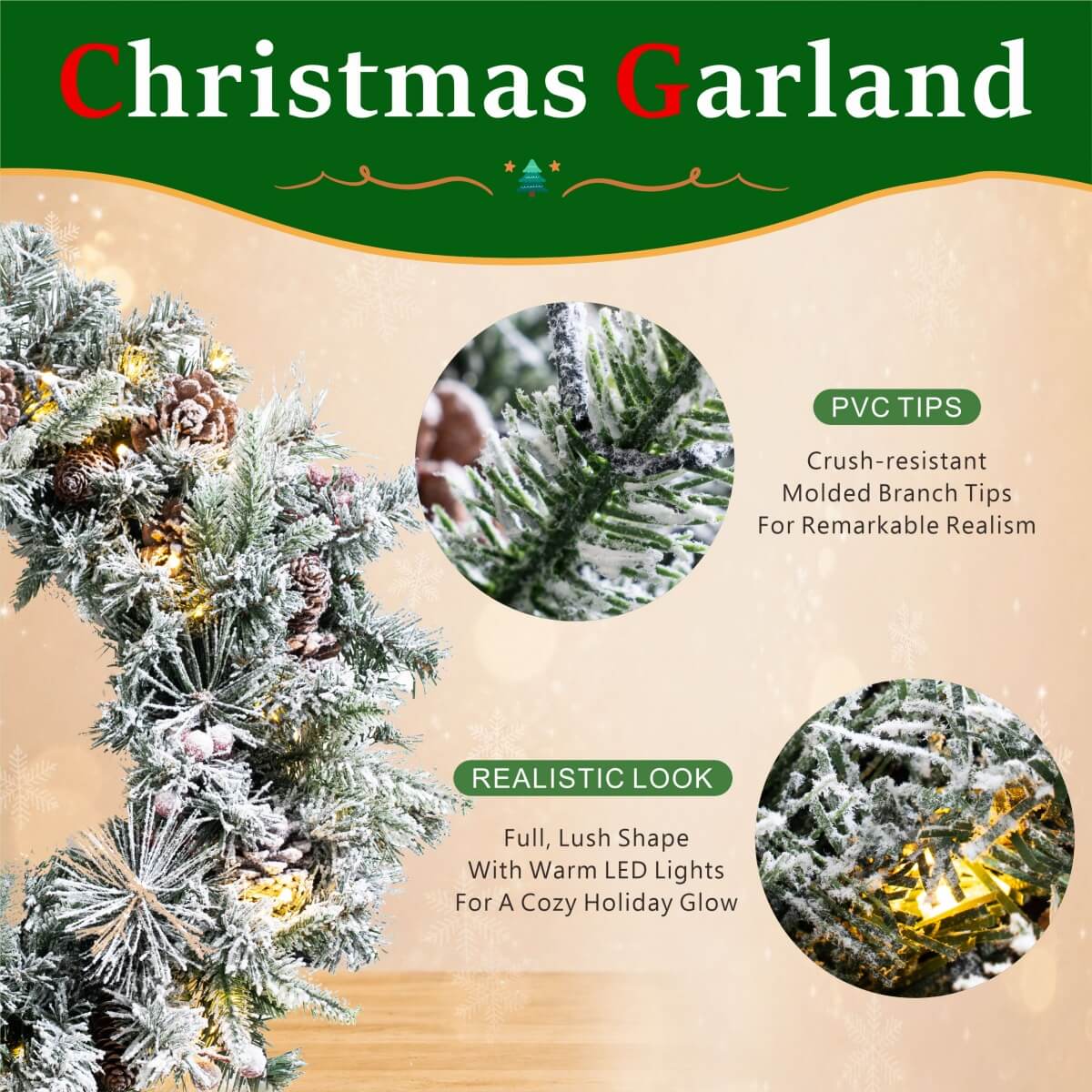 Snow-Flocked Christmas Wreath with Pine Cones & Red Berries - PVC Wreath with Pre-Lit LED Lights