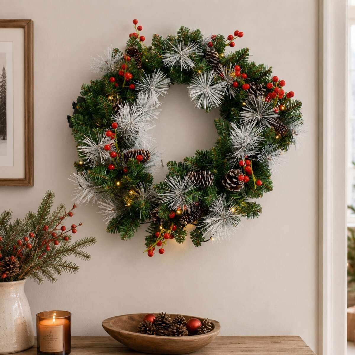 PVC & PE Christmas Garland with Red Berries & Pine Cones - Realistic Evergreen Foliage
