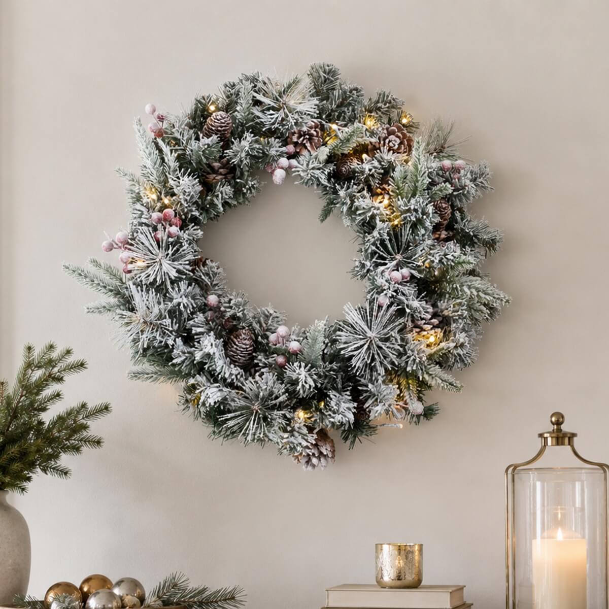 Snow-Flocked Christmas Wreath with Pine Cones & Red Berries - PVC Wreath with Pre-Lit LED Lights