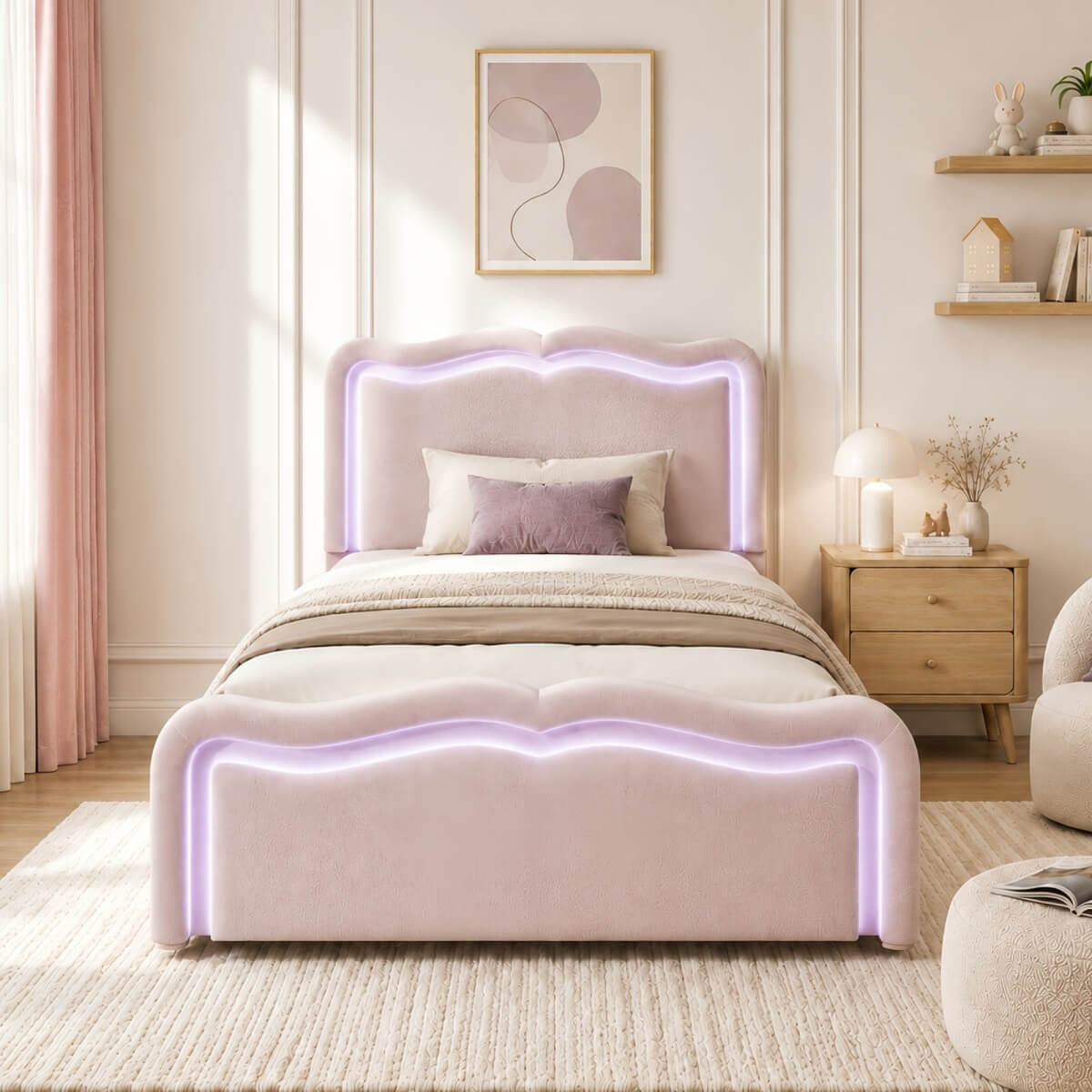 3ft Single Velvet Ottoman Storage Bed - Upholstered Hydraulic Bed with LED Lights, Wave Headboard and Metal Slatted Base, Pink