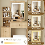 Modern Makeup Vanity Desk - 3-Mode Adjustable LED Lights, 4 Drawers, Open Storage Shelves, Hair Dryer Holder, Power Socket & Dressing Stool, Natural
