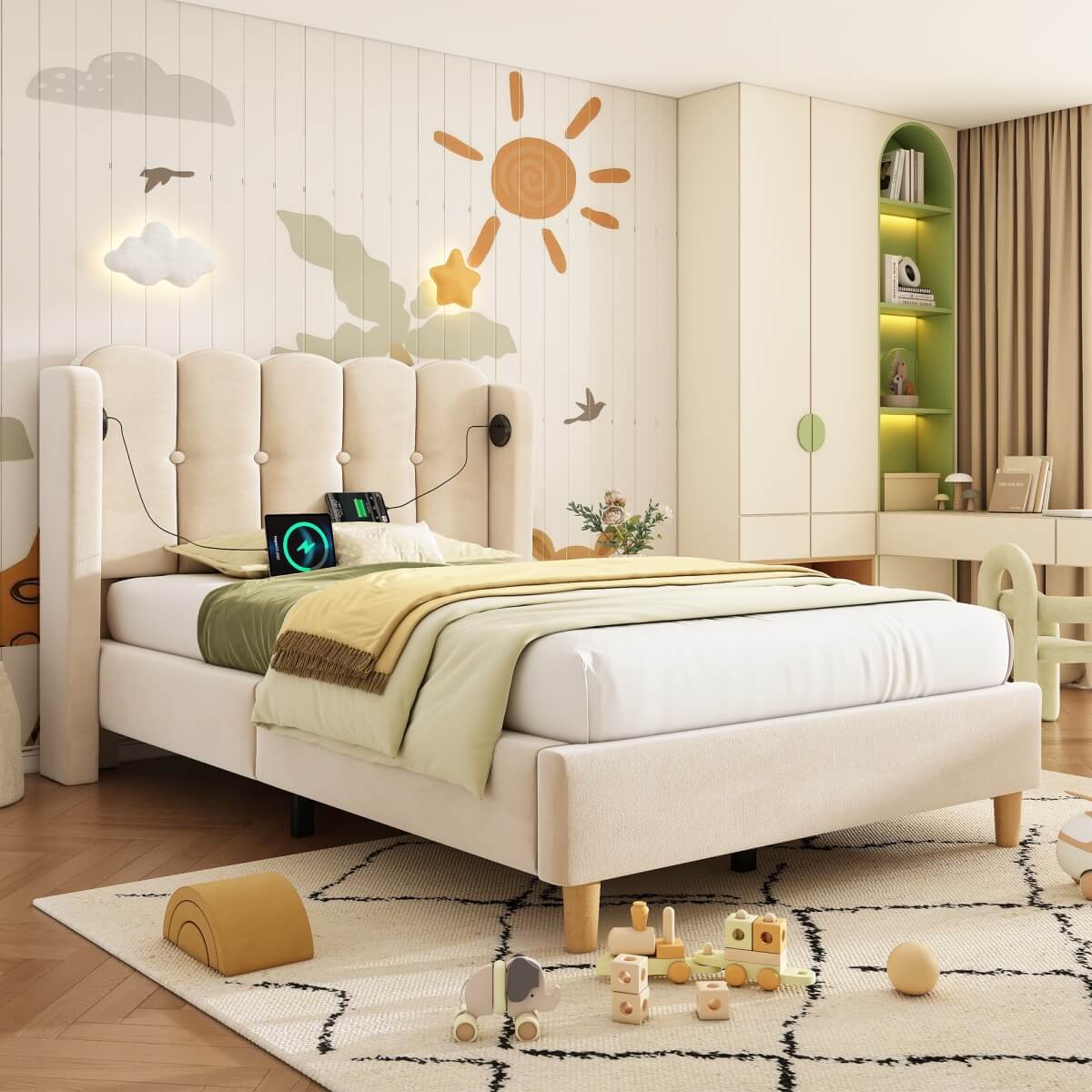 3ft Single Upholstered Bed - Velvet Bed Frame with USB & Type-C Charging, Wooden Slats, Beige
