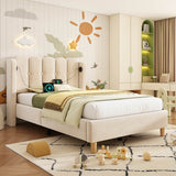 3ft Single Upholstered Bed - Velvet Bed Frame with USB & Type-C Charging, Wooden Slats, Beige