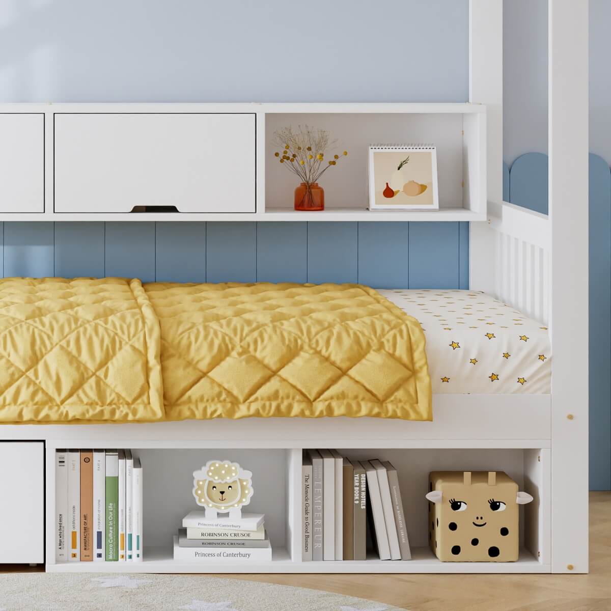 3ft Single Children’s Storage Bed with Safety Guardrail & Wheeled Drawer - House-Shaped Pine Wood Bed Frame with Storage Compartments, White