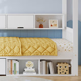 3ft Single Children’s Storage Bed with Safety Guardrail & Wheeled Drawer - House-Shaped Pine Wood Bed Frame with Storage Compartments, White