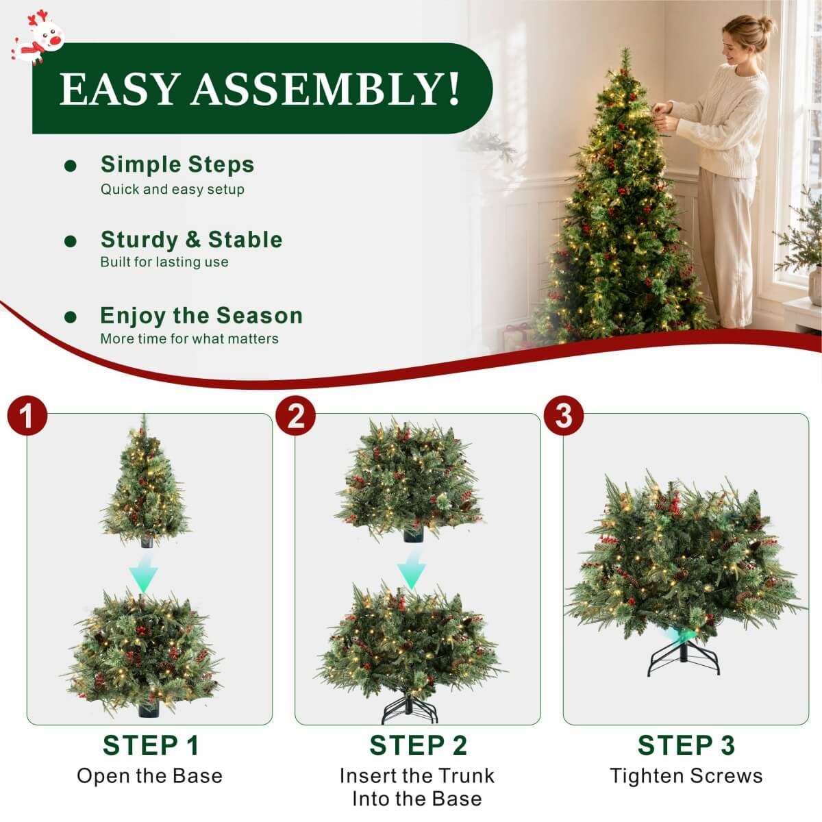 Realistic Green Artificial Christmas Tree with Pine Cones & Red Berries - Pre-Lit Warm White LED PVC Xmas Tree, Easy Setup, 5ft/6ft/7ft