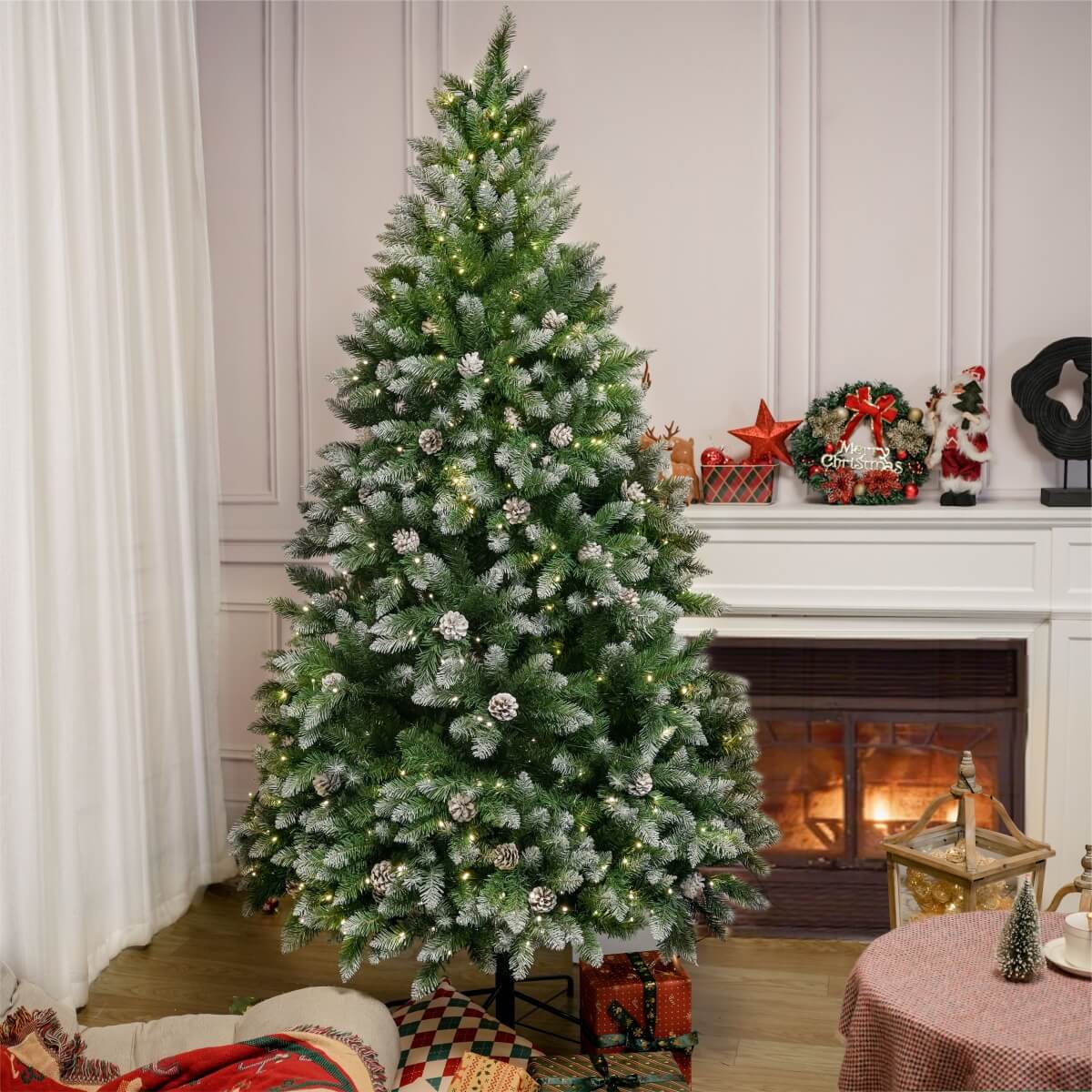 Snow Flocked Artificial Christmas Tree with Pine Cones - Full PVC Xmas Tree with 8-Mode Warm White LED Lights, 6ft/7ft
